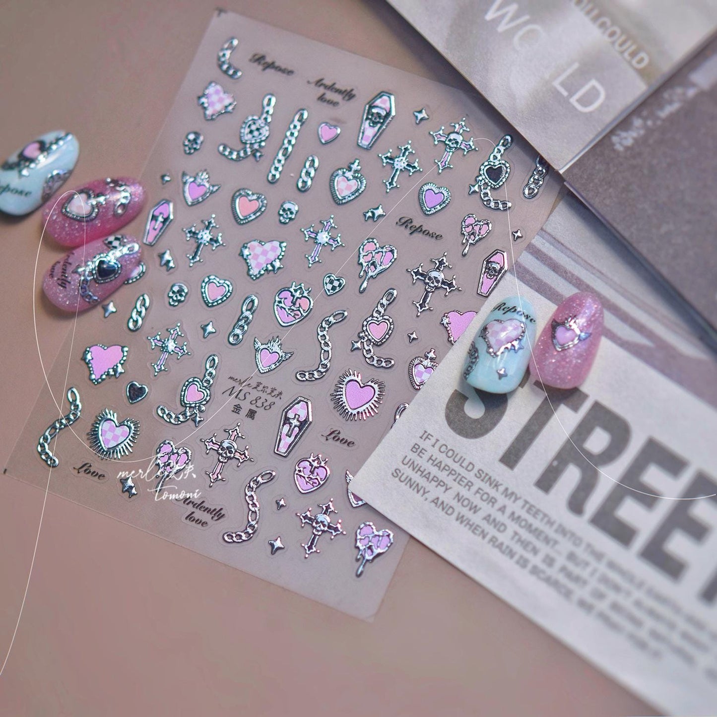 Gothic Nail Art Stickers: Red, Pink, Silver Foil - Cross, Heart, Skull