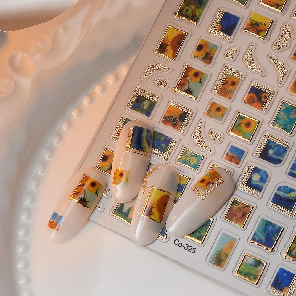 Van Gogh Nail Art Stickers: Starry Night, Sunflowers, Gold Frame