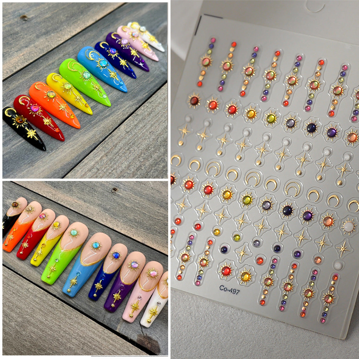 3D Embossed Celestial Nail Stickers • Sun Moon Star Rhinestone Nail Art Decals • Gold Line Cosmic DIY Manicure Stickers