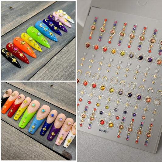 3D Embossed Celestial Nail Stickers • Sun Moon Star Rhinestone Nail Art Decals • Gold Line Cosmic DIY Manicure Stickers