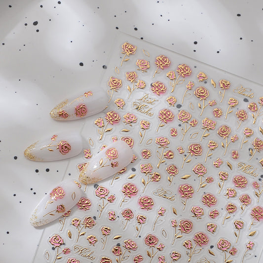 Fresh Rose Nail Stickers – 3D Embossed Gold Foil Frame Floral Nail Decals | Elegant DIY Rose Nail Art