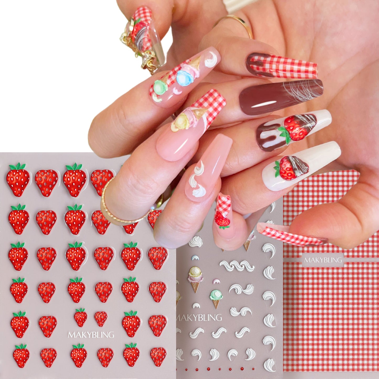 3pcs strawberry Embossed  Ice Cream chocolate dip red pinky nails