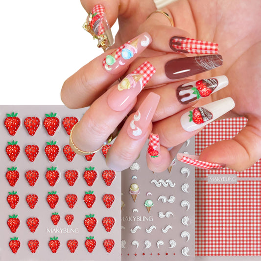 3pcs strawberry Embossed  Ice Cream chocolate dip red pinky nails