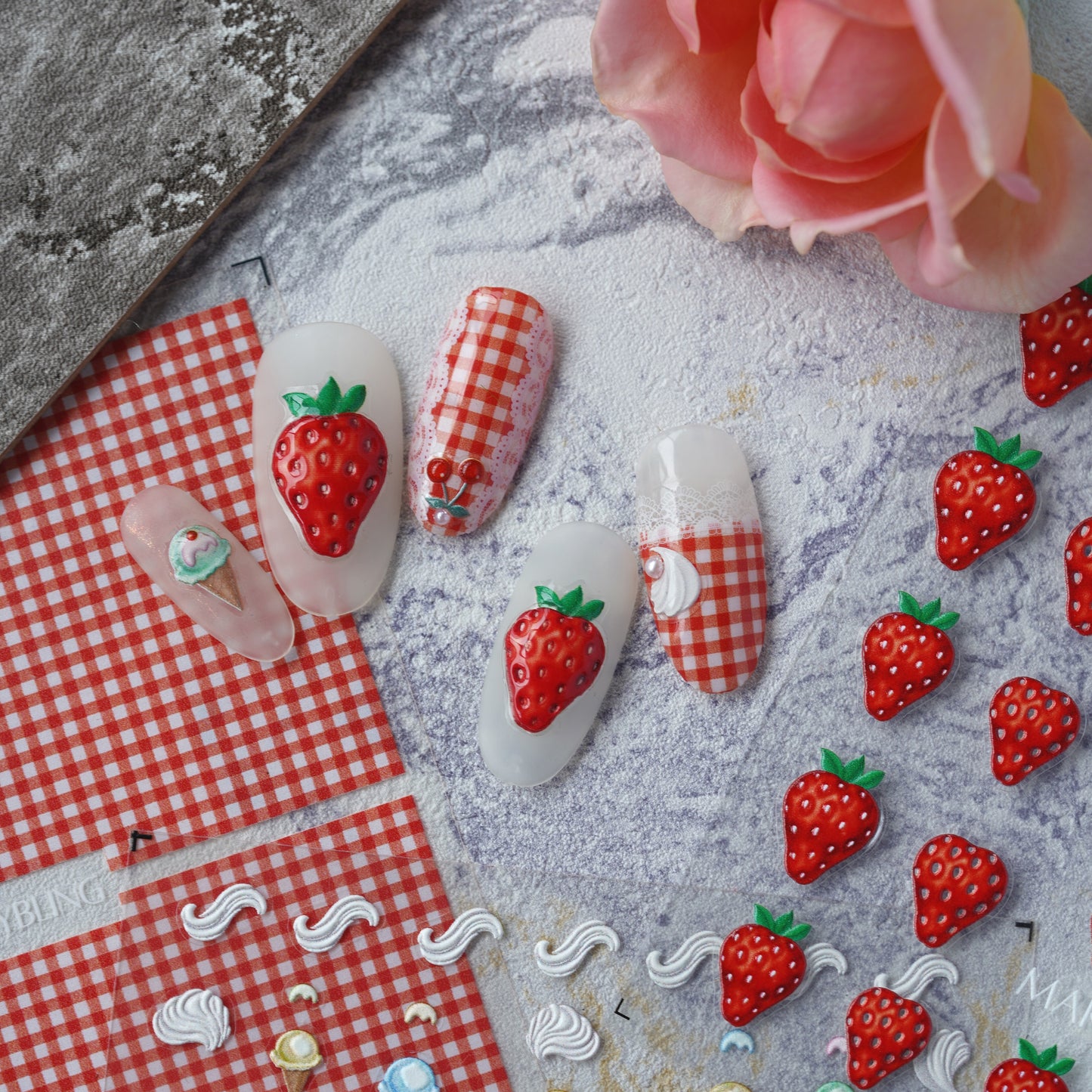 short round press on nails with red strawberry sticker