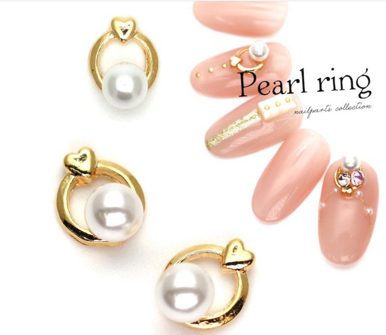 10 pcs 3D pearl round ring Metallic nail studs / heart shape golden ring circle pearl charm nail art