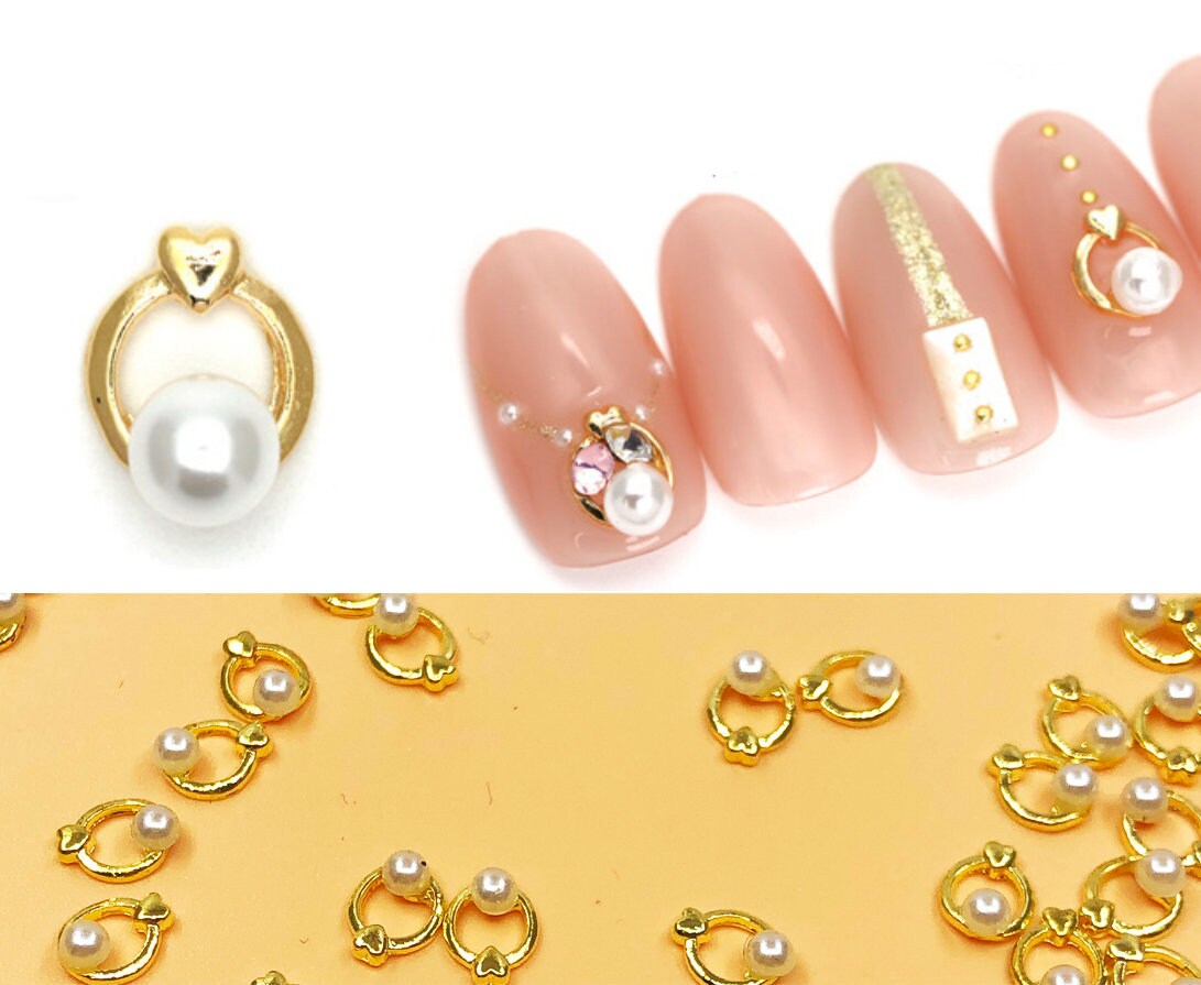 10 pcs 3D pearl round ring Metallic nail studs / heart shape golden ring circle pearl charm nail art