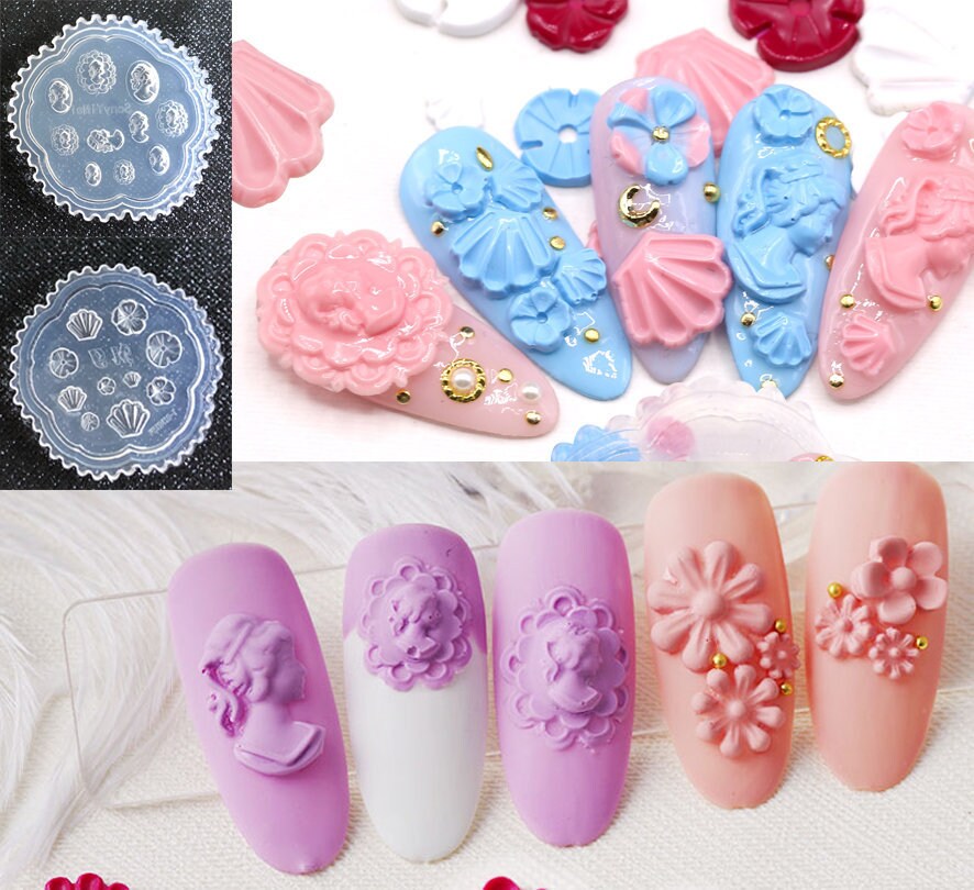 Statue 3D Mold for Nail Art DIY Decoration Design/ UV gel Sculpture Mold Silicone Flower shell portrait frame Template Manicure