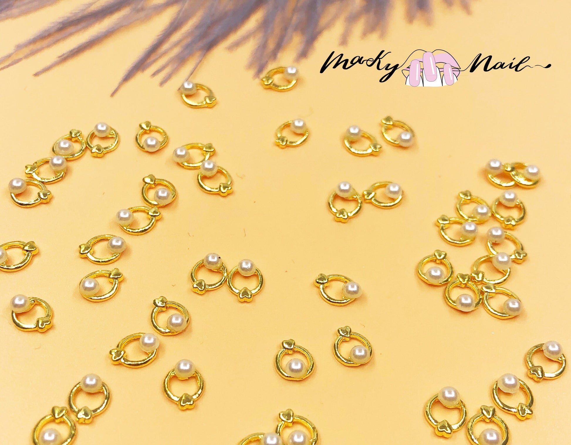 10 pcs 3D pearl round ring Metallic nail studs / heart shape golden ring circle pearl charm nail art