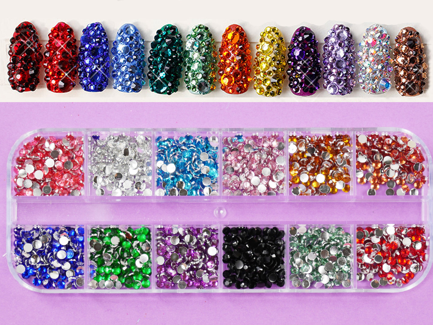 12 grids Rhinestones For Nails Art Decorations / multi colored flat crystal nail art decal