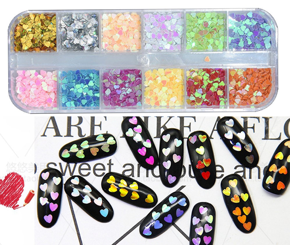 12 colors Nail art Heart Flakes 3D DIY laser Petal Sequins/ Heart shaped glitter flakes for nail design UV gel UV resin nail polish