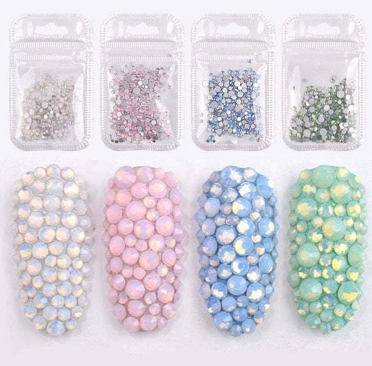 200pcs Multi-Size Opal Nail Rhinestones/ Opal Luminous Mocha Mix Flat Back Crystal Gems Strass 3d Nail Art Decorations