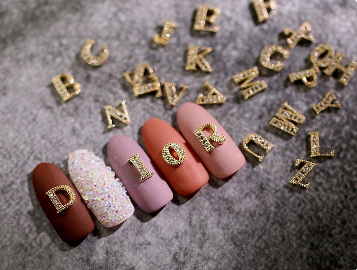 2 pcs A-Z English Letters Gold 3D Metallic Rhinestone nail studs /AB stone nail art charm 