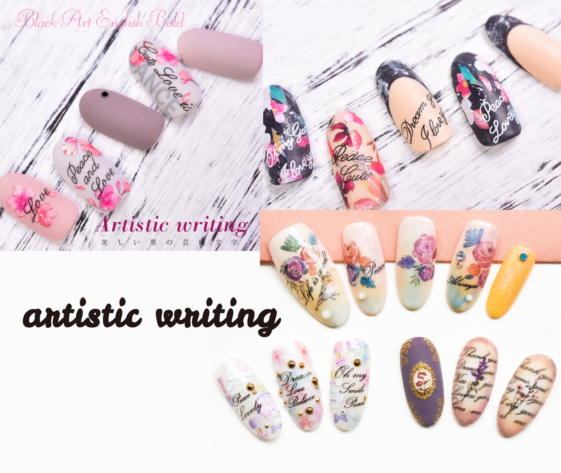 Artistic Writing Theme nail sticker/3D Nail Art Stickers Self Adhesive Decals/Black English letter calligraphic nail art sticker