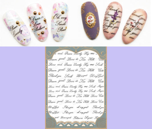 Artistic Writing Theme nail sticker/3D Nail Art Stickers Self Adhesive Decals/Black English letter calligraphic nail art sticker