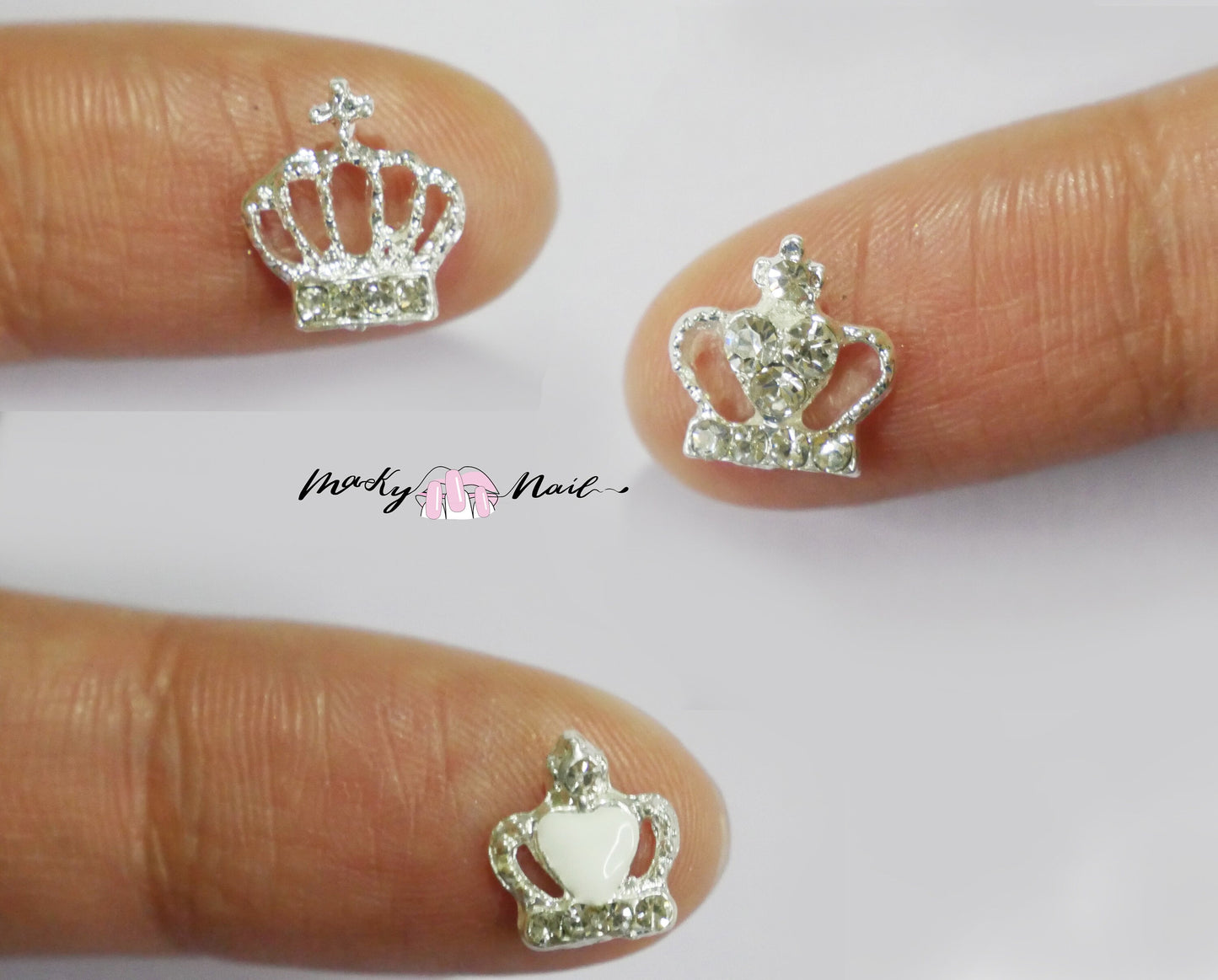 2 pcs 3D Metallic Silver Rhinestone nail studs / crown and bow tie charm Nail design nail art