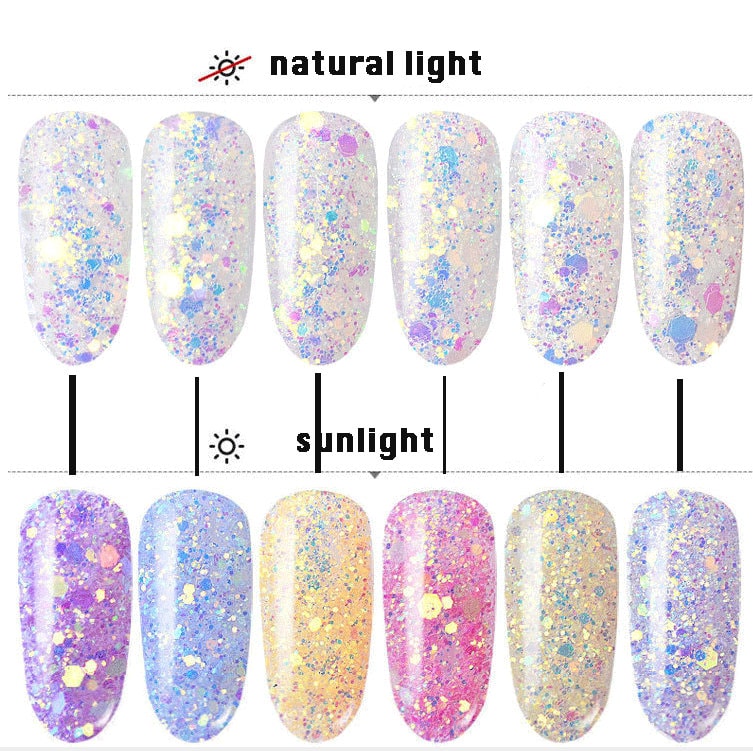 6 jars Hexagon sequins/ Halo Nail Flakes 3D DIY hexagon laser transparent Sequins/allochromatic mixed size glitter flakes for handmade