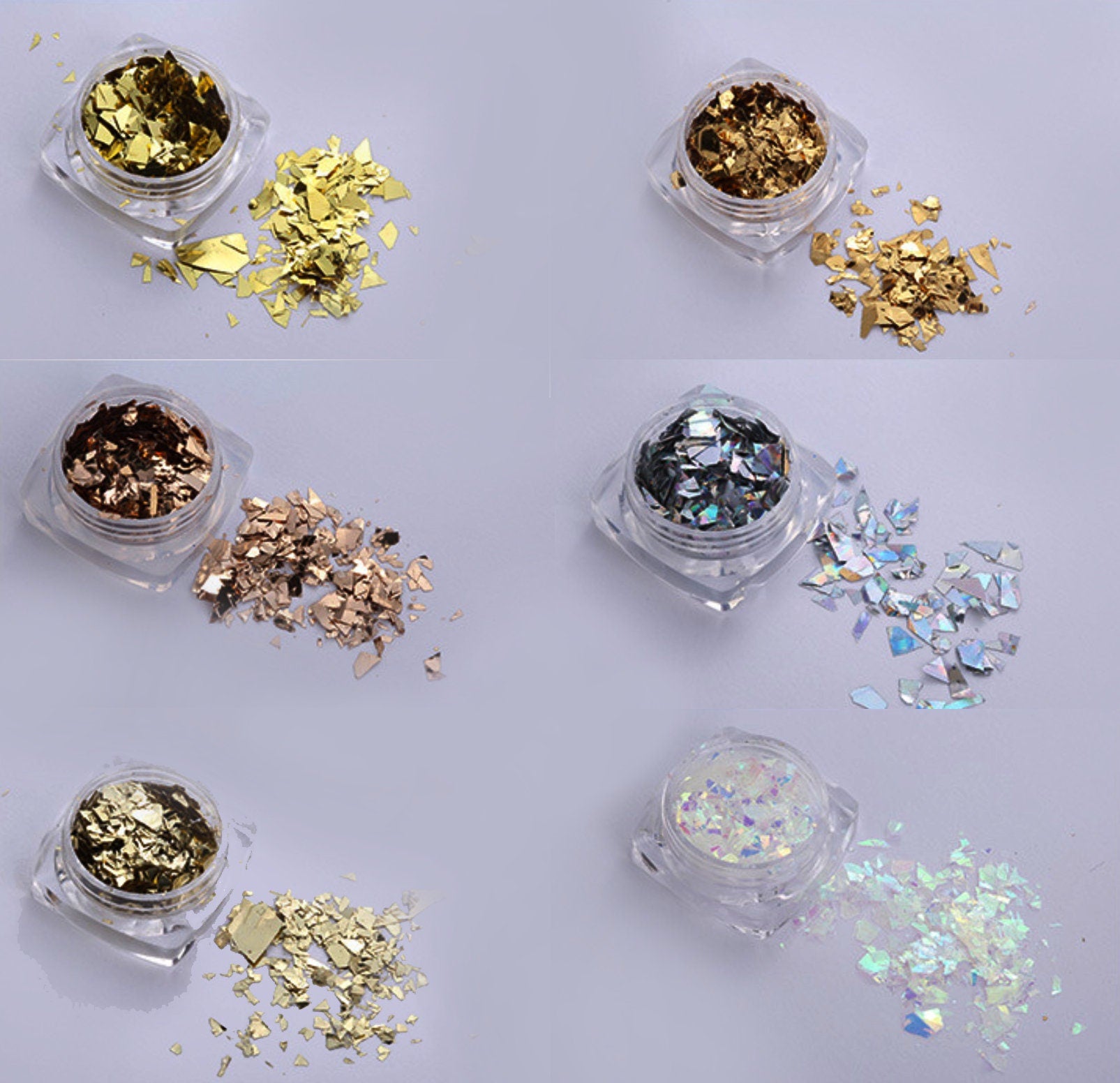 6 jars Irregular Flashy Laser Gold and Silver Foil Paper/Candy Laser Sequins Nail Art glitter set/ glass paper DIY flakes for UV resin gell
