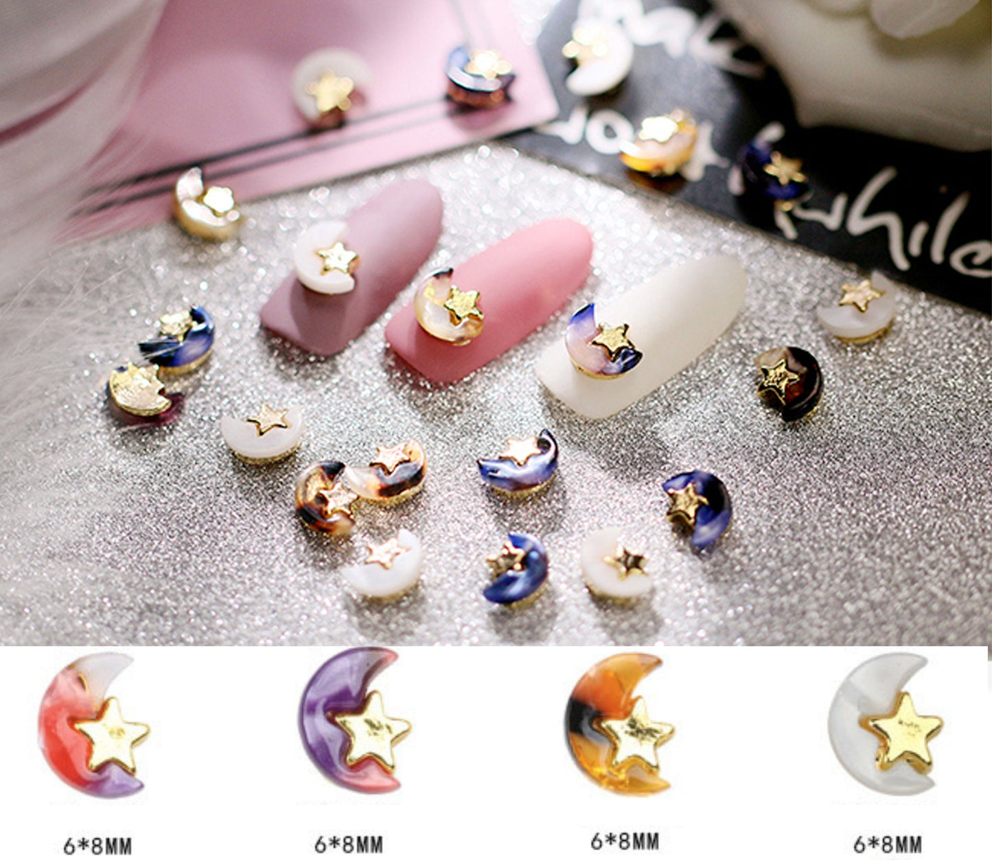 4 pcs 3D amber moon star nail decoration/ crescent galaxy gradation nail charm