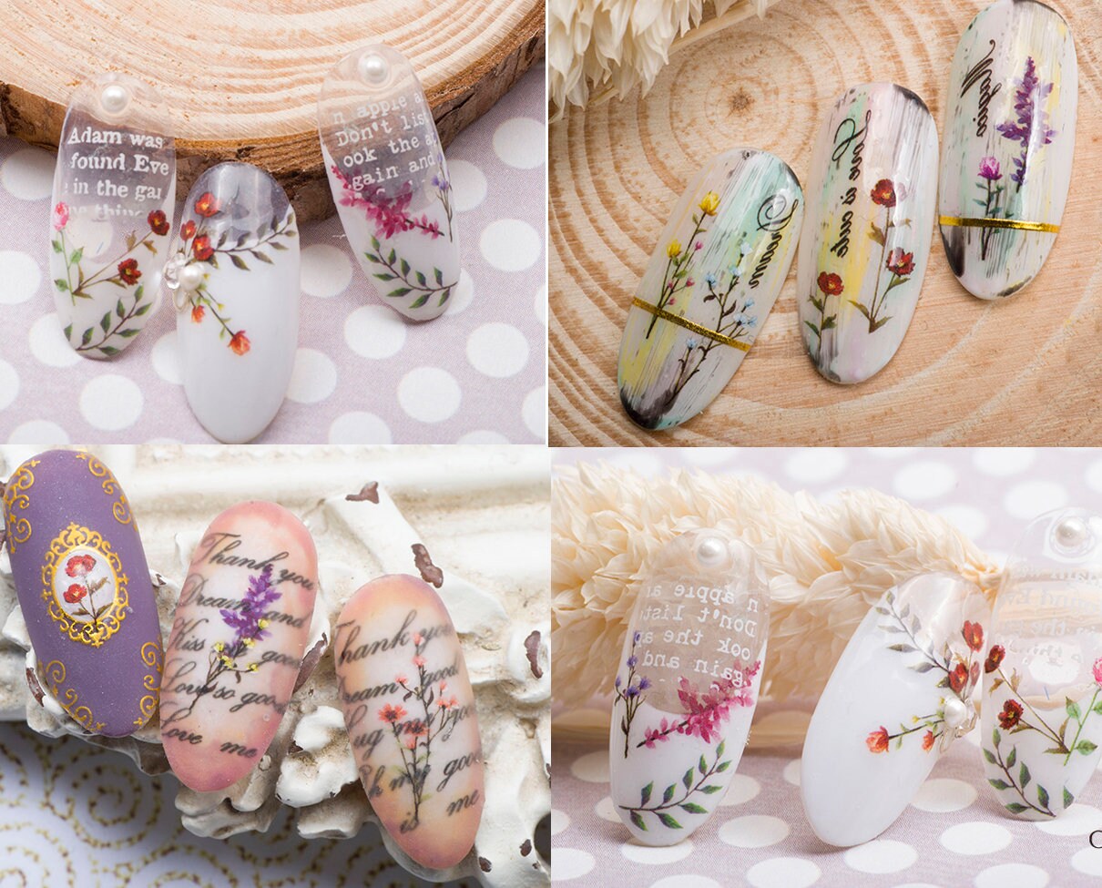 Flower Bouquet Theme nail sticker/ wild flower and leaf 1 Sheet 3D Nail Art Stickers Self Adhesive Decals/ Woodland Miniature Floral Nail