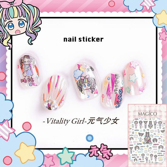 Japanese Vitality girl nail sticker/Chibi manga 3D Nail Art Stickers Self Adhesive Decals/ Sweet Cute girl Nail Appliques