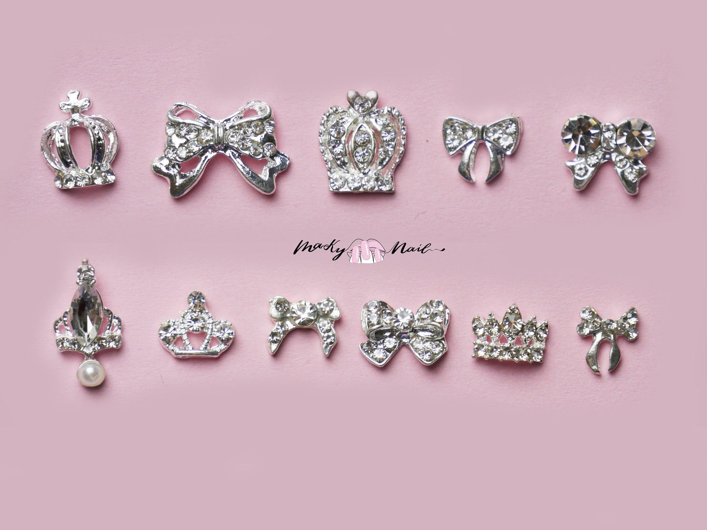 2 pcs 3D Metallic Silver Rhinestone nail studs / crown and bow tie charm Nail design nail art