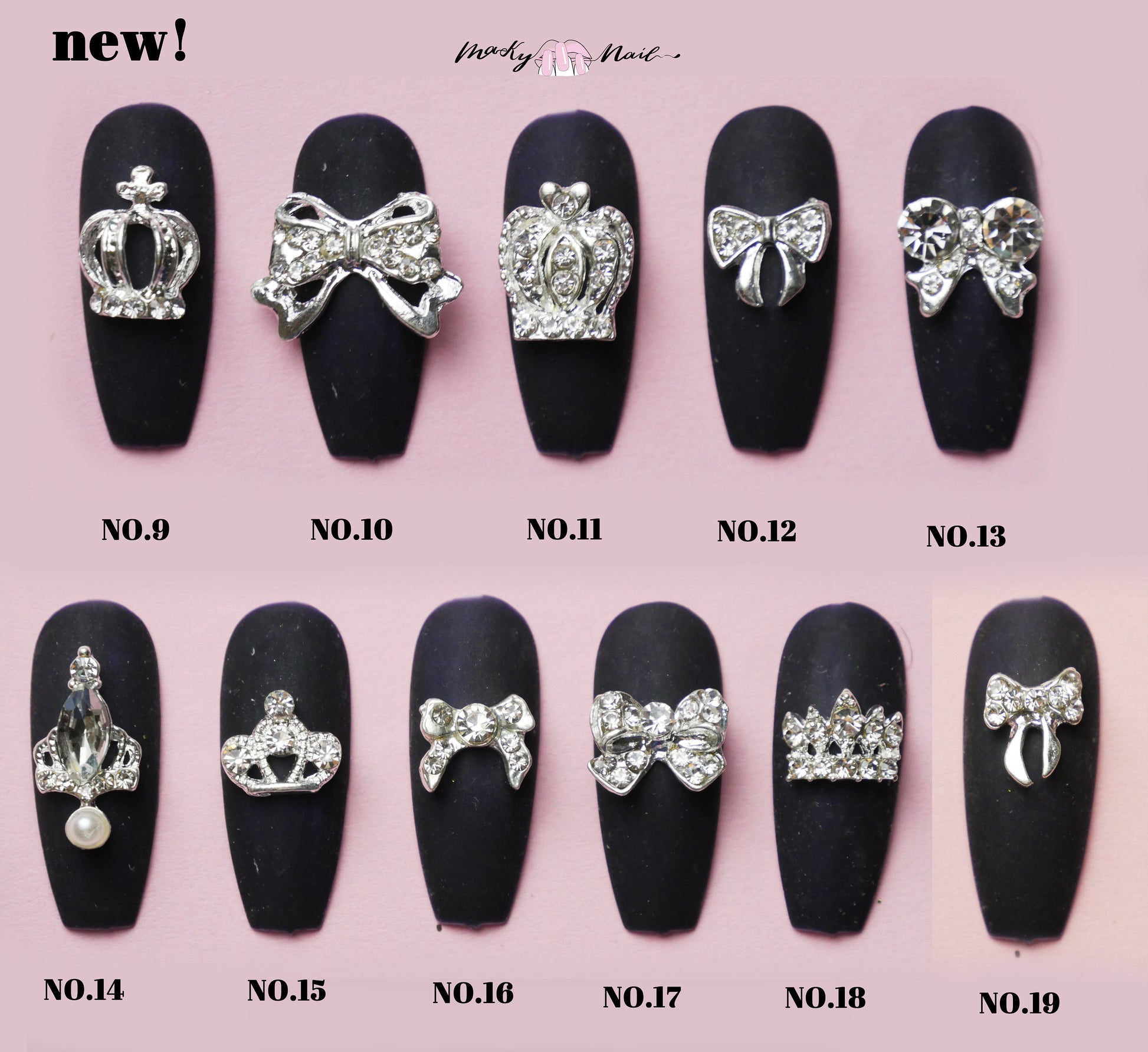 2 pcs 3D Metallic Silver Rhinestone nail studs / crown and bow tie charm Nail design nail art