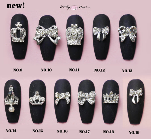 2 pcs 3D Metallic Silver Rhinestone nail studs / crown and bow tie charm Nail design nail art