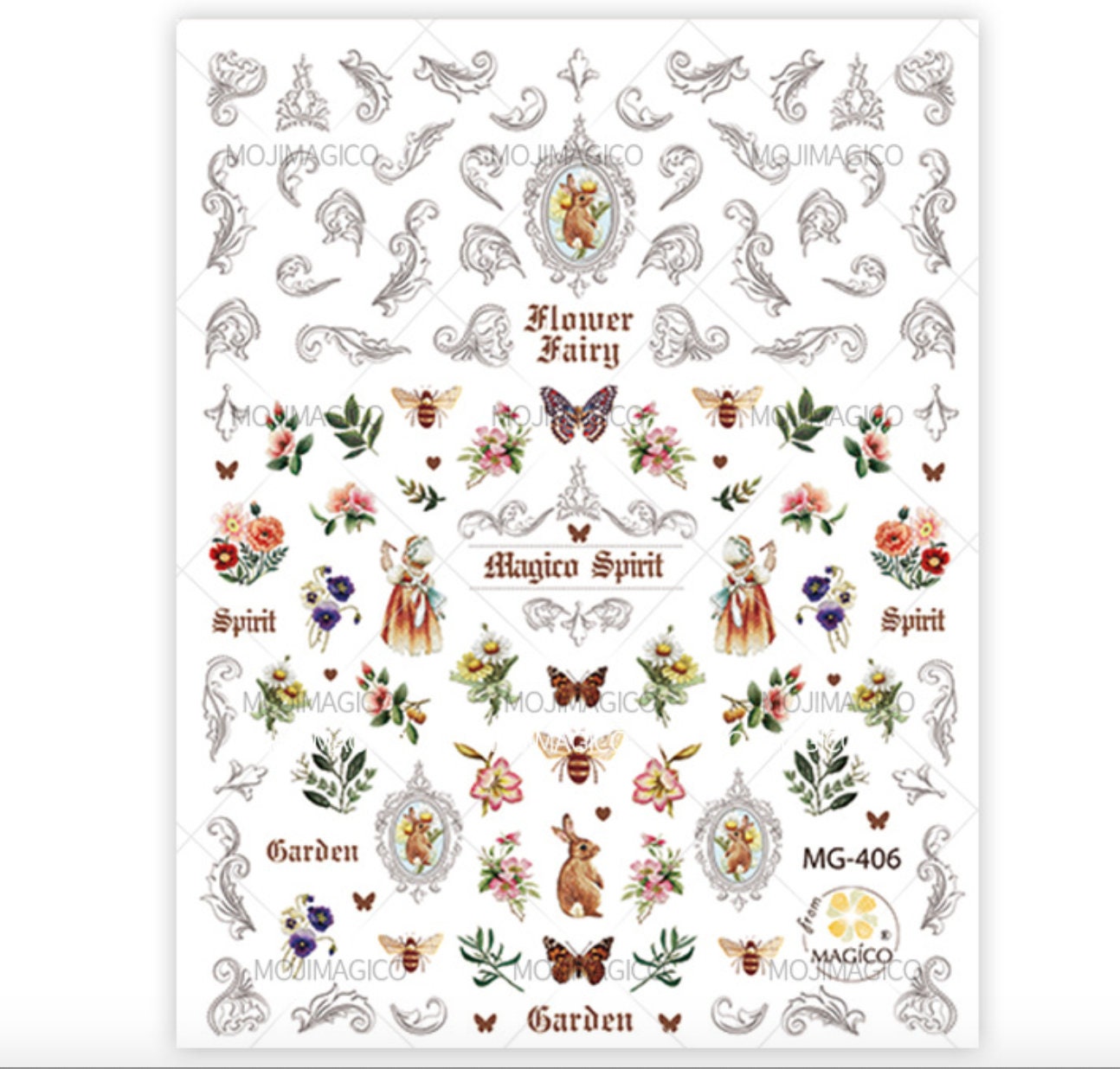 Vintage woodland Rococo Nail Art Sticker/ Butterfly Bee DIY Tips Guides Transfer Stickers/ Retro UV gel nail polish manicure stencil