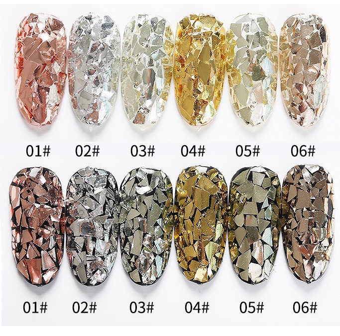 6 jars Irregular Flashy Laser Gold and Silver Foil Paper/Candy Laser Sequins Nail Art glitter set/ glass paper DIY flakes for UV resin gell