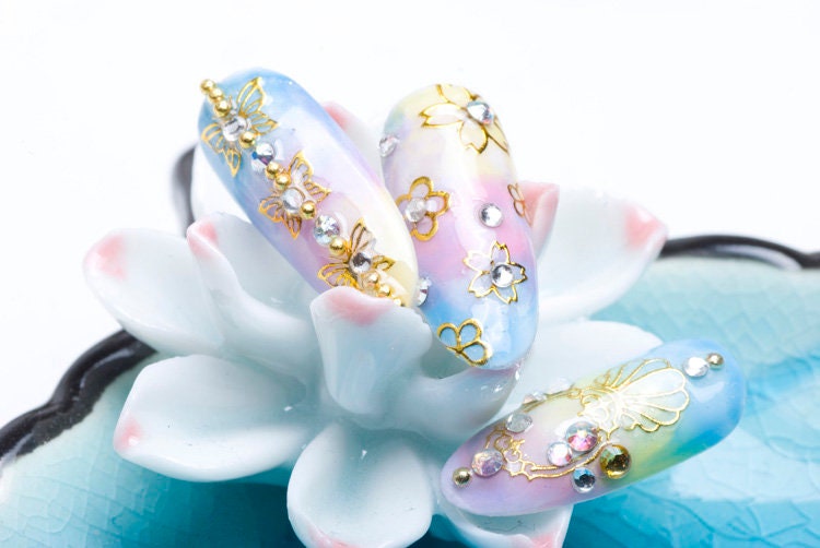 Gold Butterfly Flower nail sticker/ Fairy Tale Nail Art Stickers Self Adhesive Decals/ Golden metallic Sakura Goddess nail art sticker