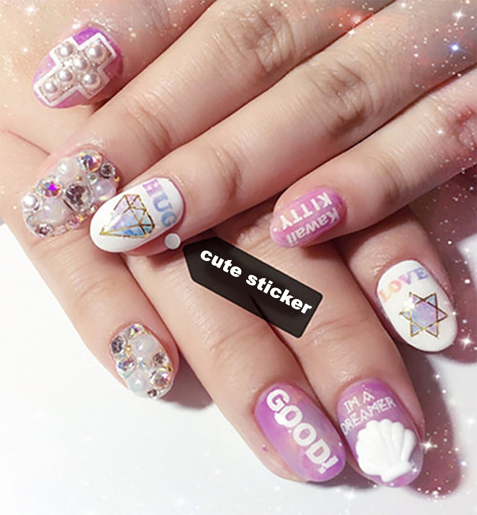 Totem Pinky gradient nail sticker/Star Moon Unicorn 1 Sheet 3D Nail Art Stickers Self Adhesive Decals/ Cross and heart nails decal