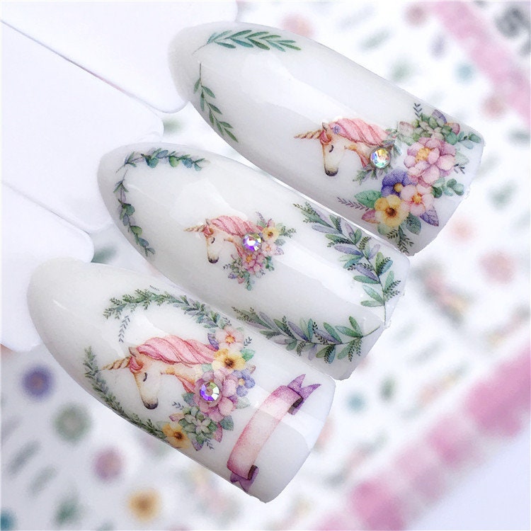 Fairy Unicorn nail sticker/ 1 Sheet 3D Nail Art Stickers Self Adhesive Decals/ Unicorn Floral Greens Nail Appliques
