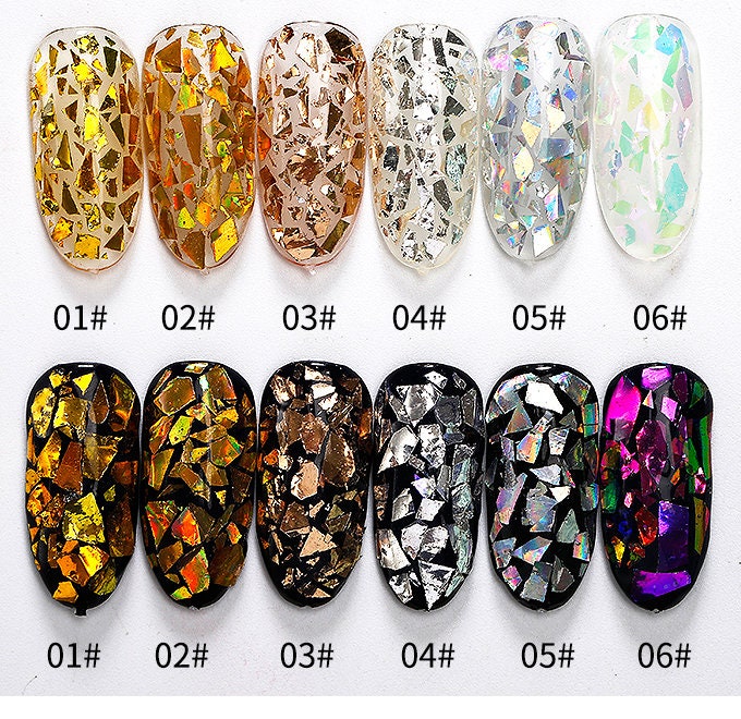 6 jars Irregular Flashy Laser Gold and Silver Foil Paper/Candy Laser Sequins Nail Art glitter set/ glass paper DIY flakes for UV resin gell
