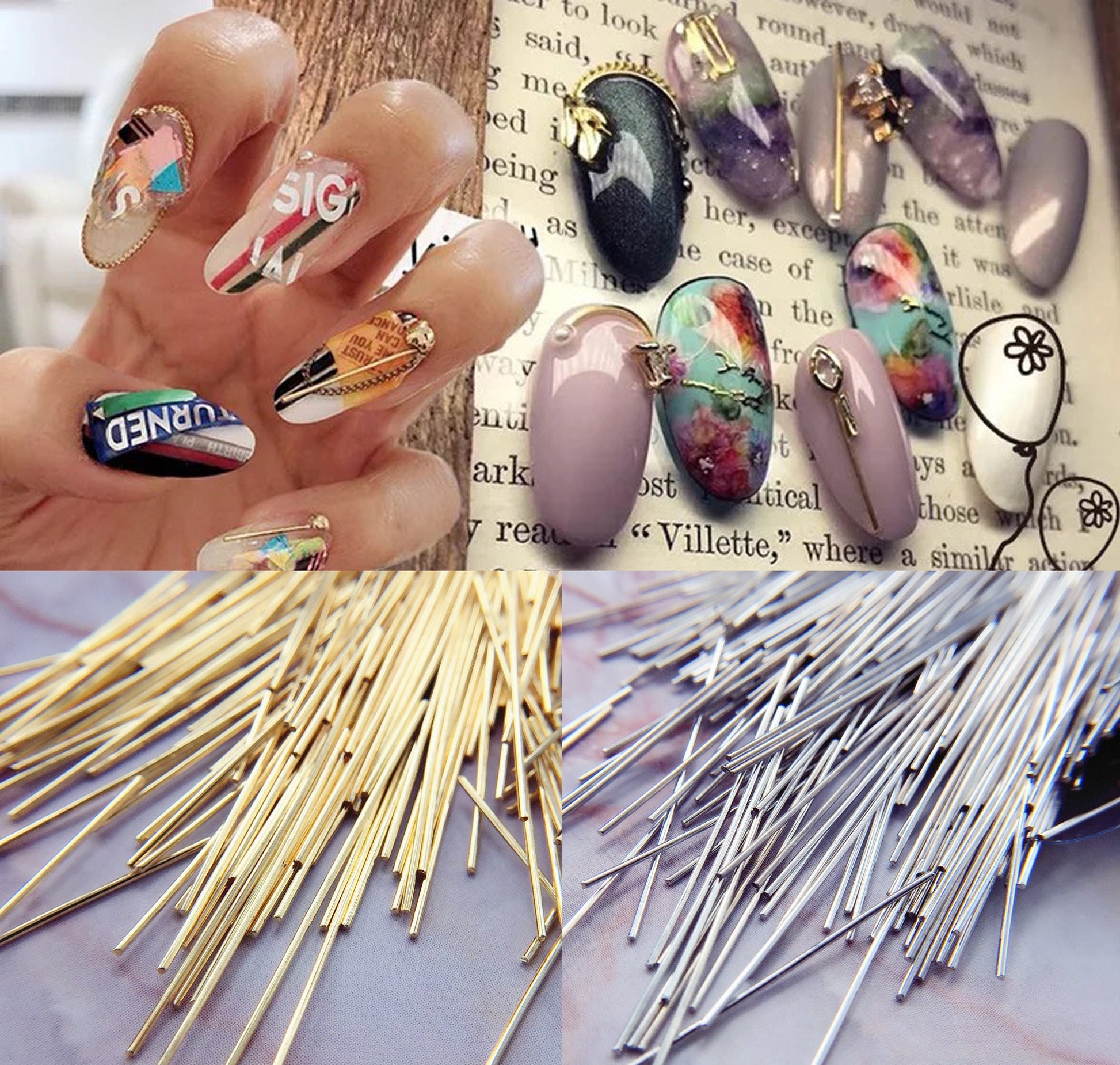 20 pcs Metal stick nail decoration/ Gold Silver 1mm stick charm Nail DIY deco