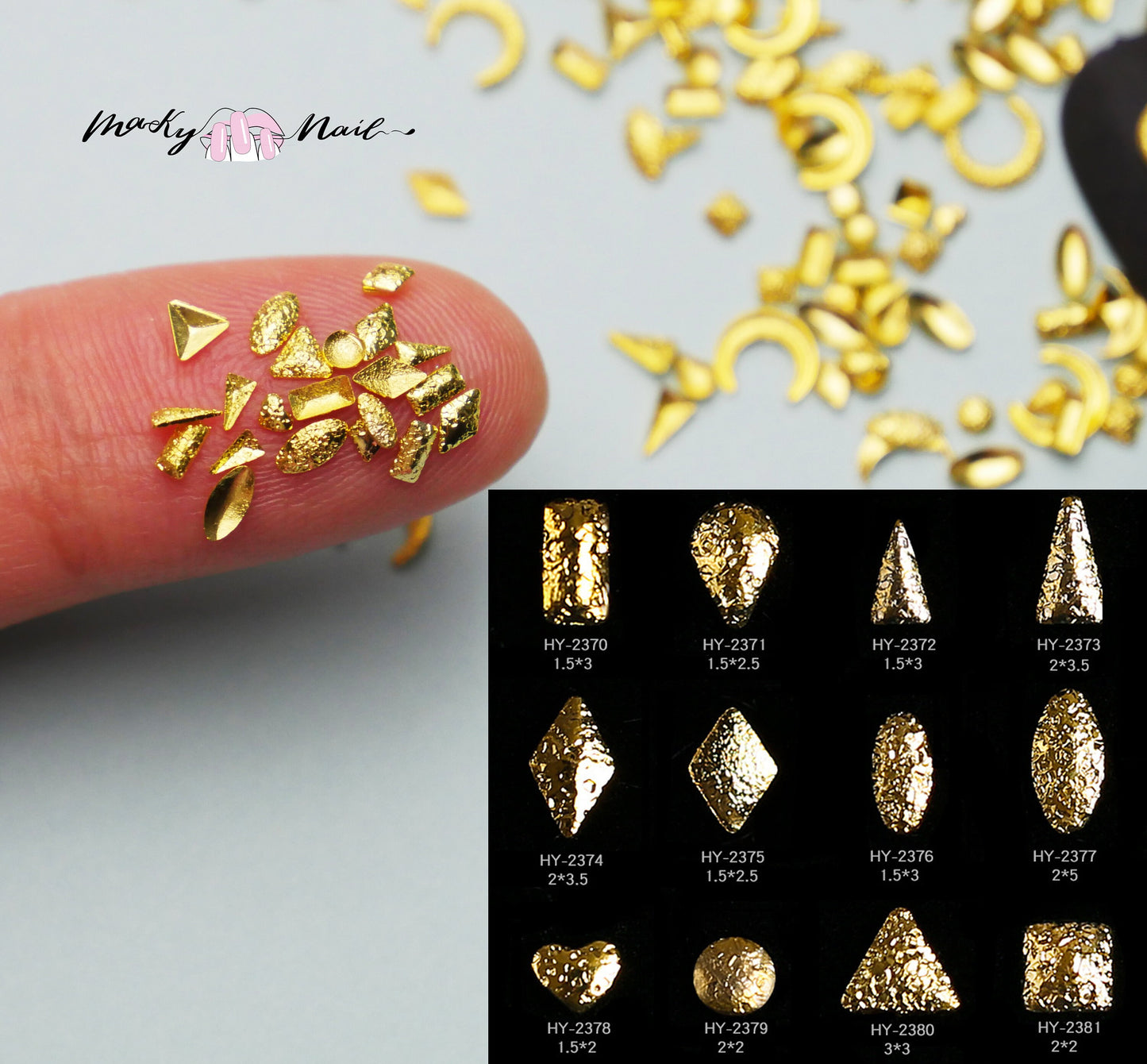 Mixed golden nail deco/ dust surface geometry Metallic dull polish studs
