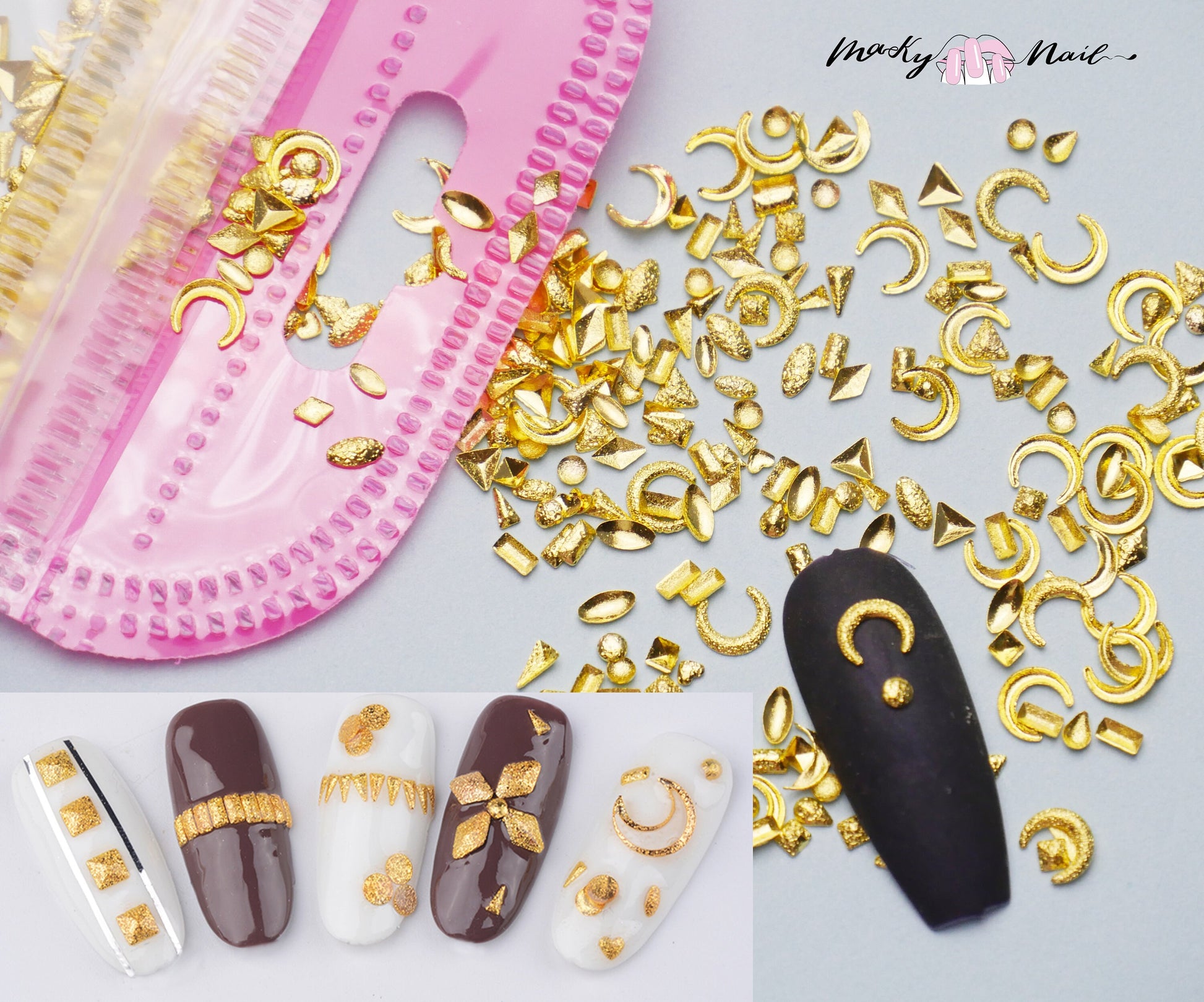Mixed golden nail deco/ dust surface geometry Metallic dull polish studs