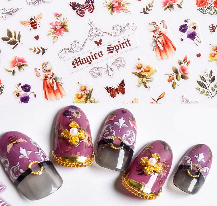 Vintage woodland Rococo Nail Art Sticker/ Butterfly Bee DIY Tips Guides Transfer Stickers/ Retro UV gel nail polish manicure stencil