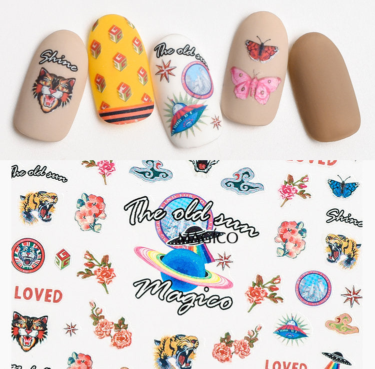 Magic world Wild Tiger Animal fairy tail Nail Art Sticker/ Butterfly DIY Tips peel off Stickers/ UV gel nail polish manicure stencil