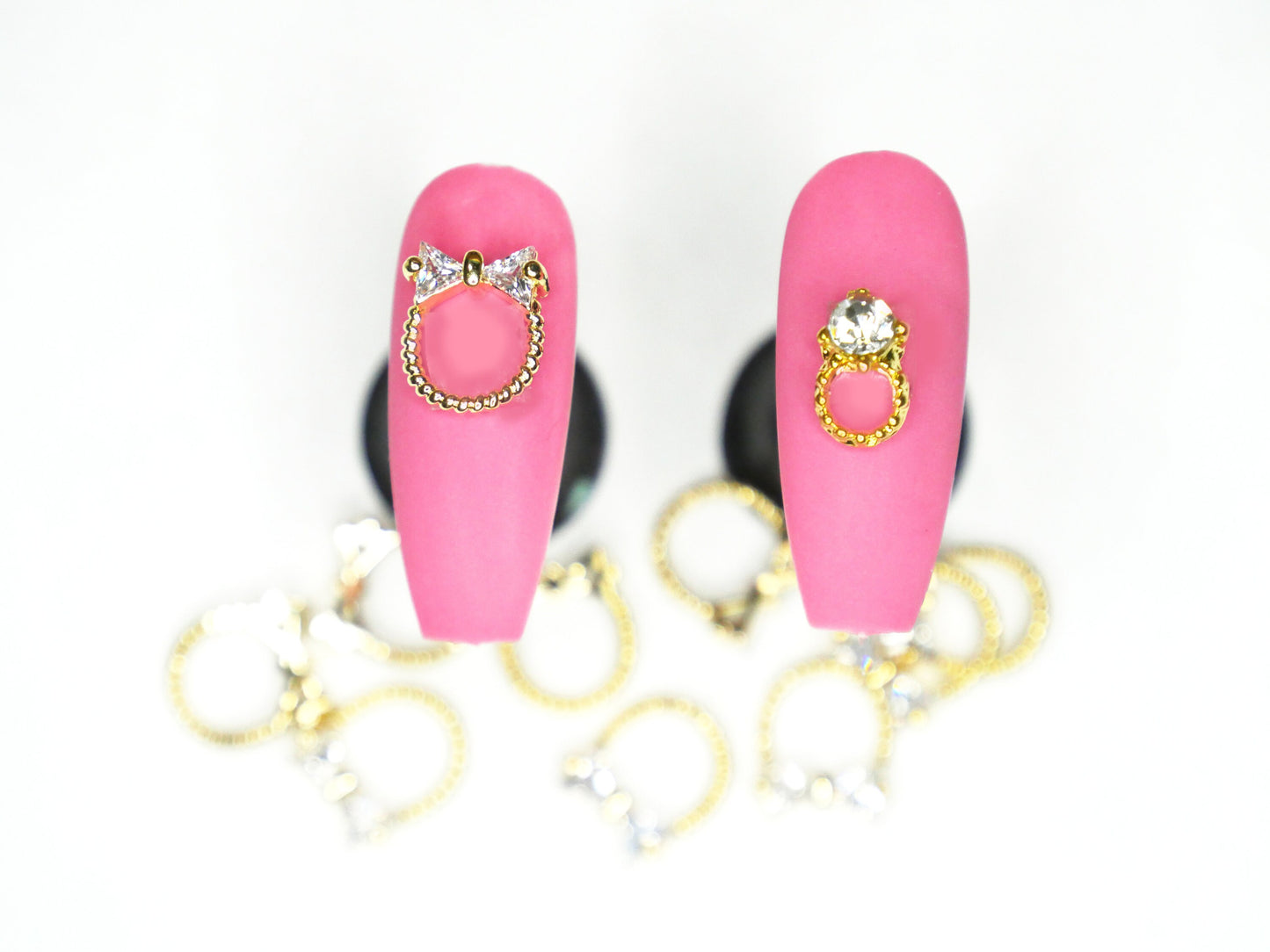 Bow Tie Hoop Ring 3D Metallic Zircon nail studs / Circle Gold Silver wreath nail charm