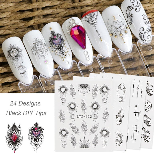 24 pcs Mehndi pattern nail tattoo/ Flower Totem nail sticker/ Mandala 3D Water transferred Nail Art Tattoos Stickers Self Adhesive Decals