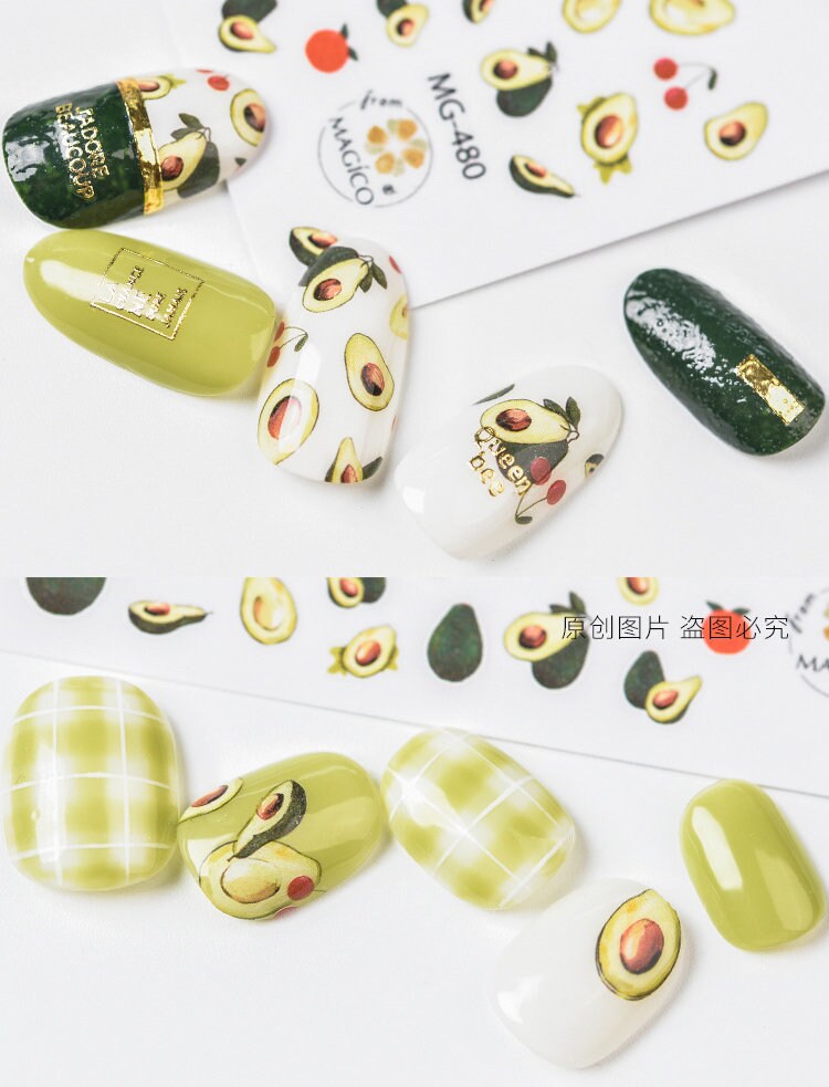 Avocado Nail Art Sticker/ DIY Tips Guides Transfer Stickers/Fruity peel off avocado Sticker/Green organic manicure stencil
