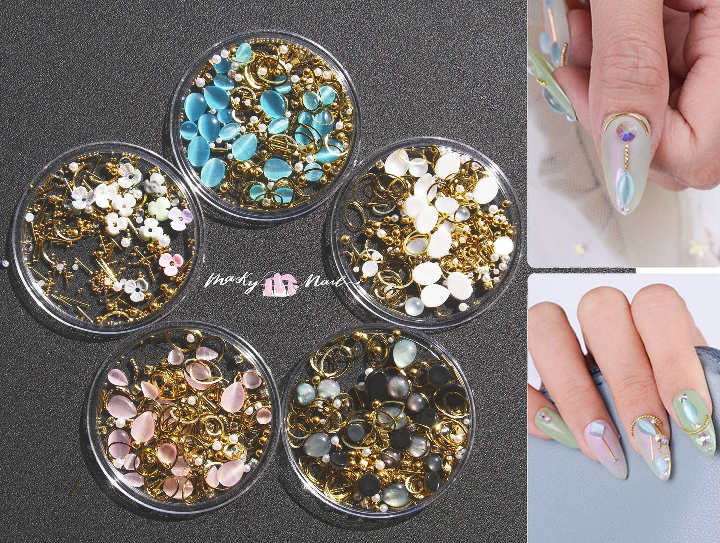 Mixed Cat Eye Stone Gold silver metallic studs set for nail art/ Japanese Instagram Influencer nail art