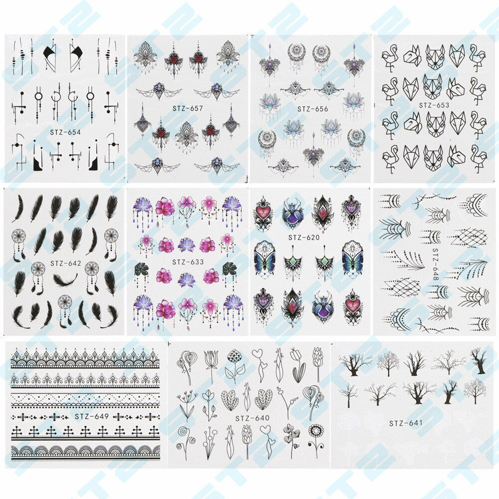 24 pcs Mehndi pattern nail tattoo/ Flower Totem nail sticker/ Mandala 3D Water transferred Nail Art Tattoos Stickers Self Adhesive Decals