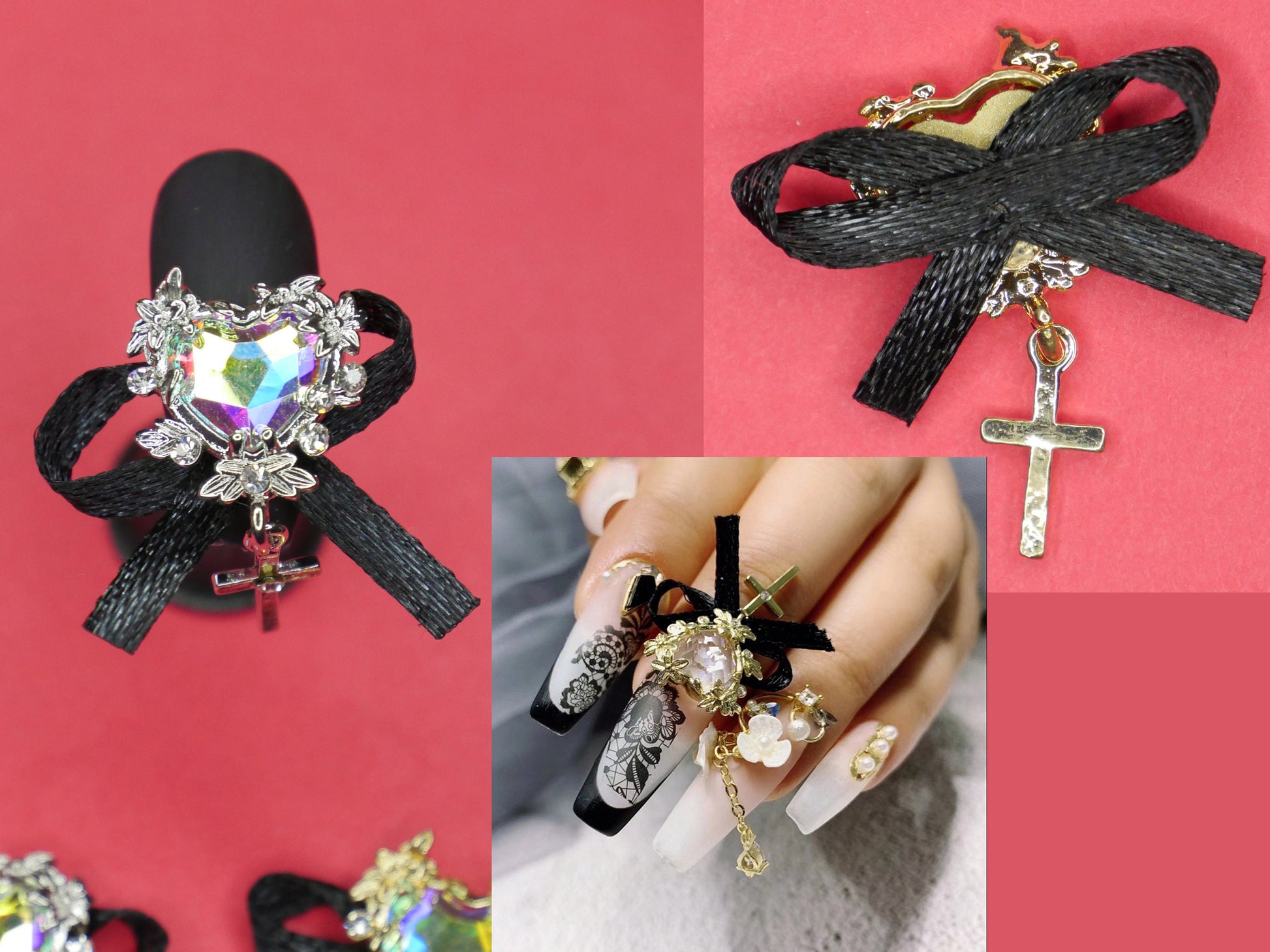 Bowtie Heart Crystal Nail charm/ AB Stone Gold Silver Rococo Victorian Royal nail jewelry 