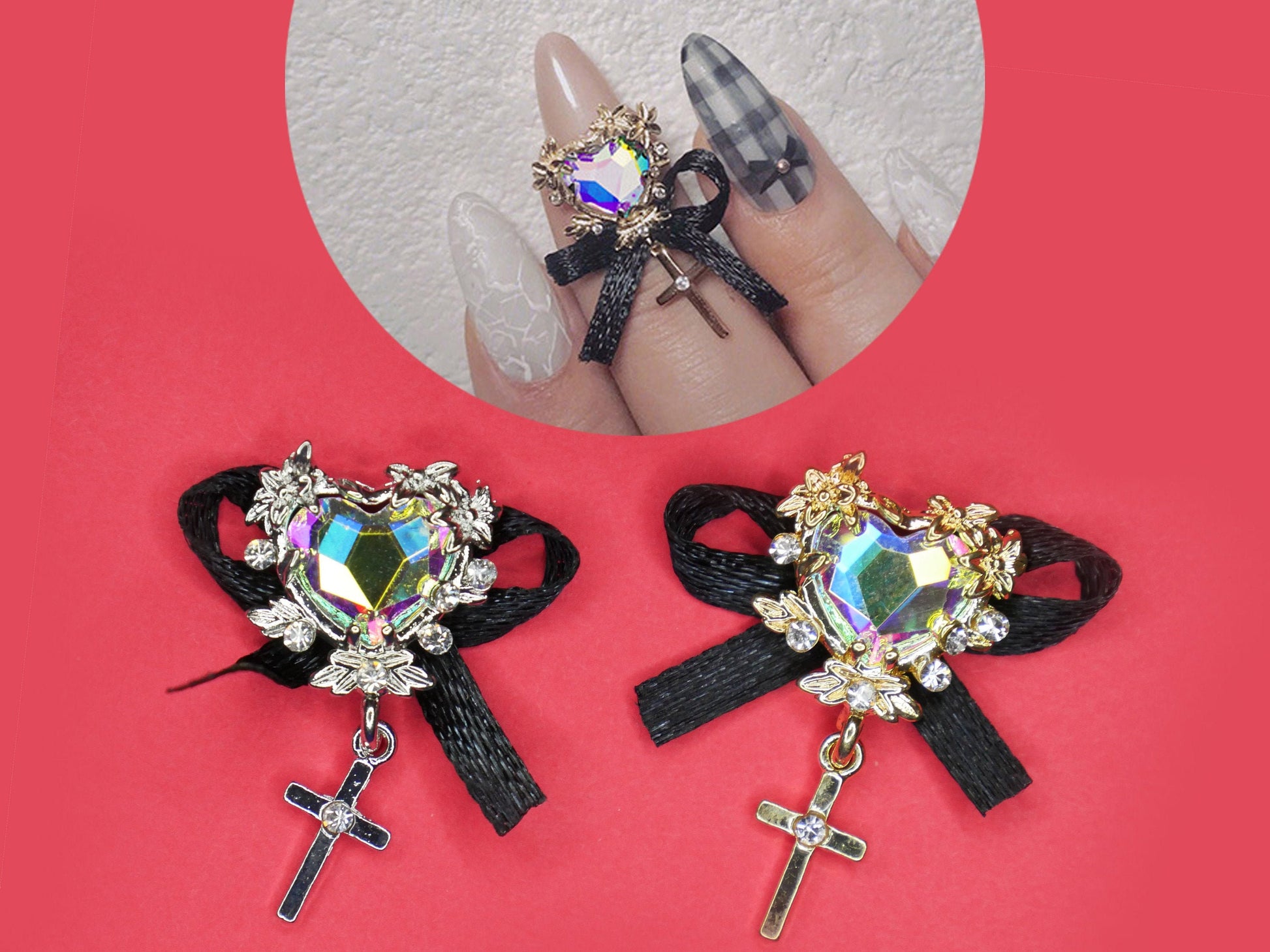 Bowtie Heart Crystal Nail charm/ AB Stone Gold Silver Rococo Victorian Royal nail jewelry 