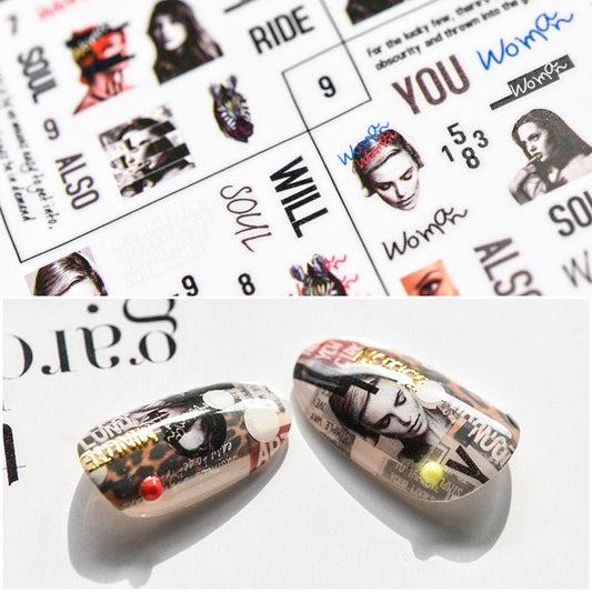 Collage Portrait Nail Sticker/ Girl Face Sticker/Calligraphic 3D Nail Art Stickers Self Adhesive Decals/ Morden Art Nail Polish Supply