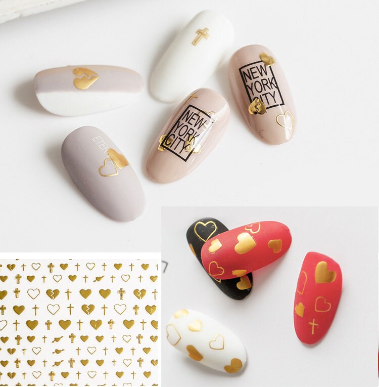 Gold Cross nail sticker/ Heart and Cross Nail Art Stickers Self Adhesive Decals/ gold metallic sweet heart nail art sticker