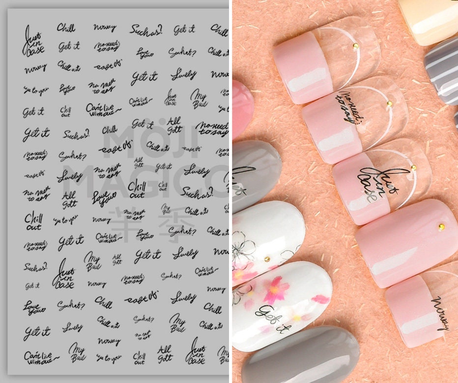 Calligraphic English nail sticker/Hand Writing Peel Off 3D Stickers Self Adhesive Decals/ Nail Polish Black & White Fonts Writing Letter