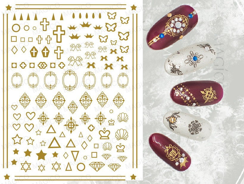 Gold Nail Art Sticker/ Cross Butterfly Frame Heart Triangle Bow Tie Shell Sticker/ Peel off easy to apply Nail Polish Stationary