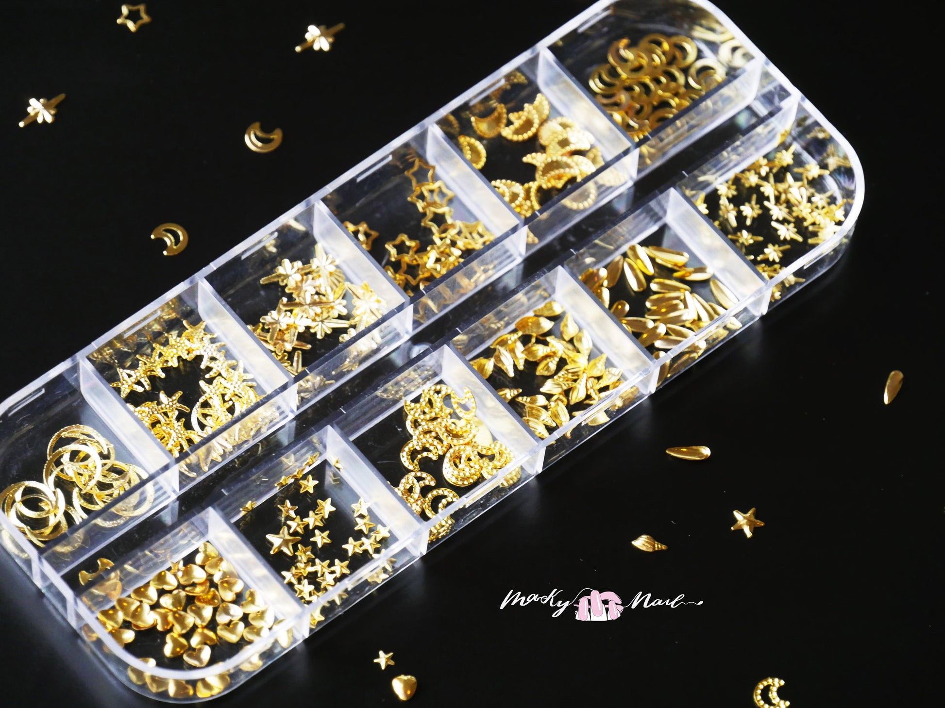 12 grids Moon and star Rivet Glitter Nail Studs Metal Decoration/ starry sky design Nail supply Metallic studs 